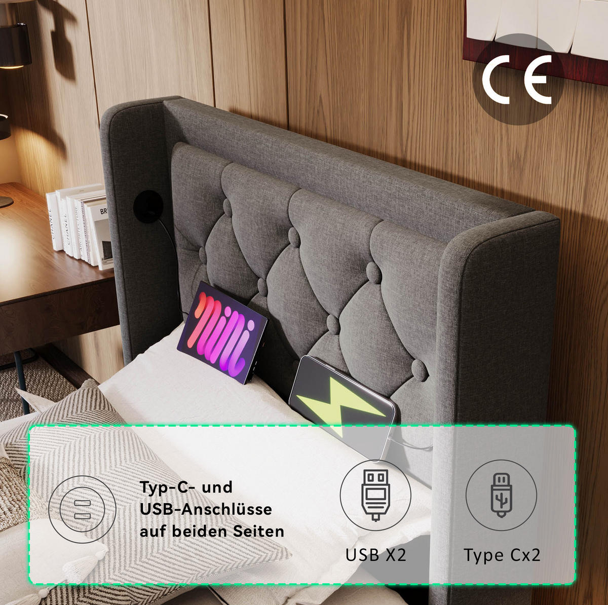 POLSTERBETT 90/200 cm Grau aus Baumwolle mit LED und USB-C - Grau, Textil (90/200cm) - OKMYHOME