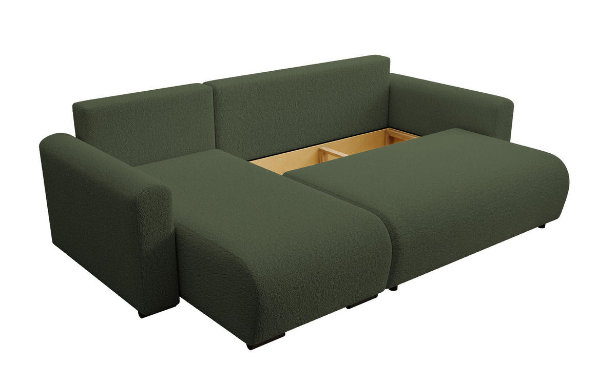ECKSOFA DORA L, Eckcouch in L-Form mit Schlaffunktion und Bettkasten, Farbe: Grün, Bouclé-Stoff, Ottomane Links - Grün, Textil (240/143cm) - Storez24