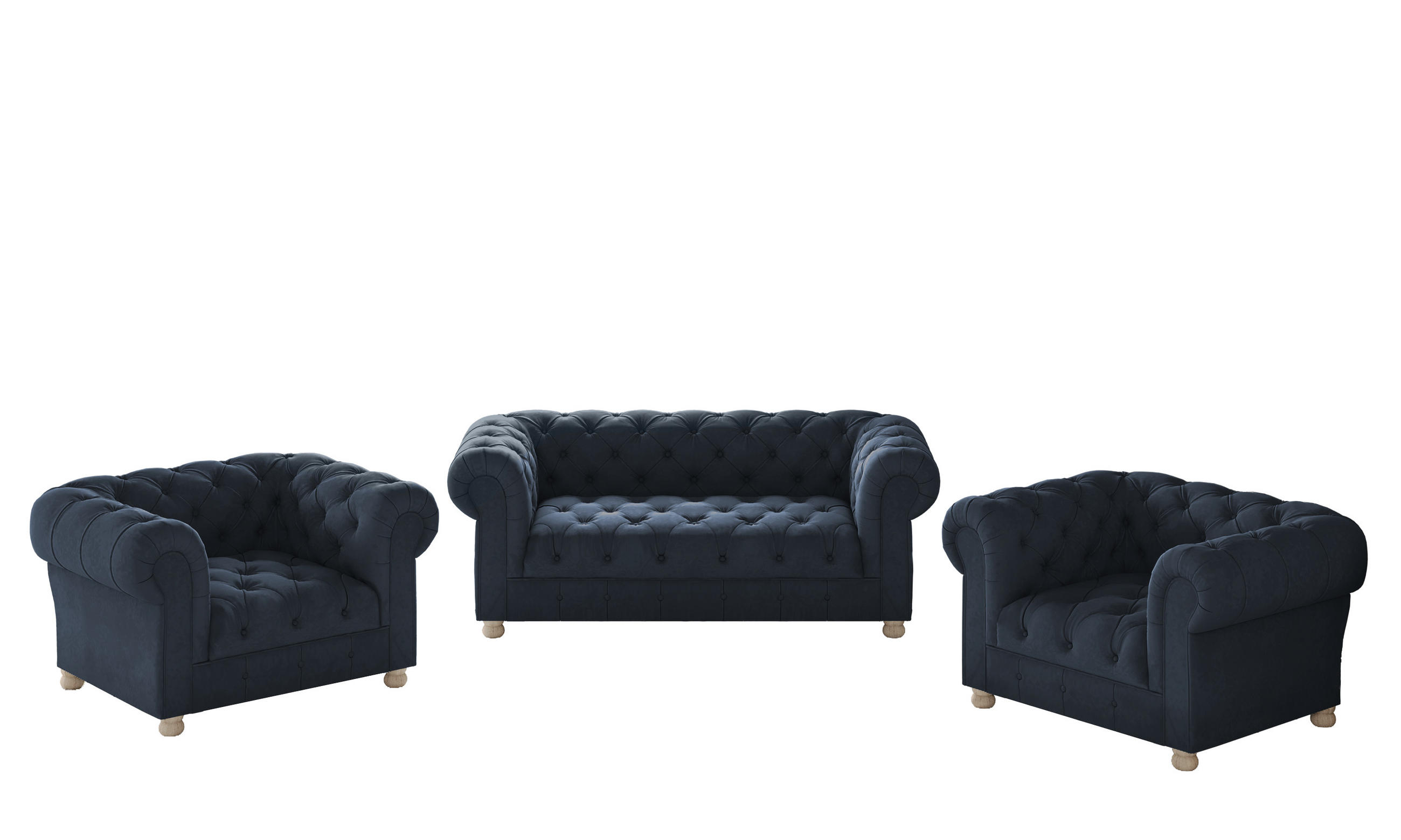 SITZGARNITUR CHESTERFIELD 2+1+1 Elegant Klassisch Schick Stoff Whisper Blau - Blau, Holz (152/77/90cm) - Kaiser Möbel