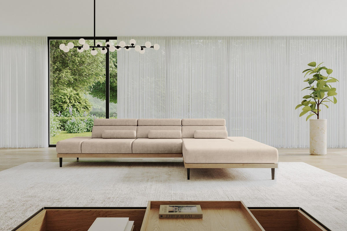 ELEKTRISCHES ECKSOFA Rechts MONA 316x205x85 Beige Velours - Sahara, Holzwerkstoff/Textil (316/205cm) - ALTDECOR
