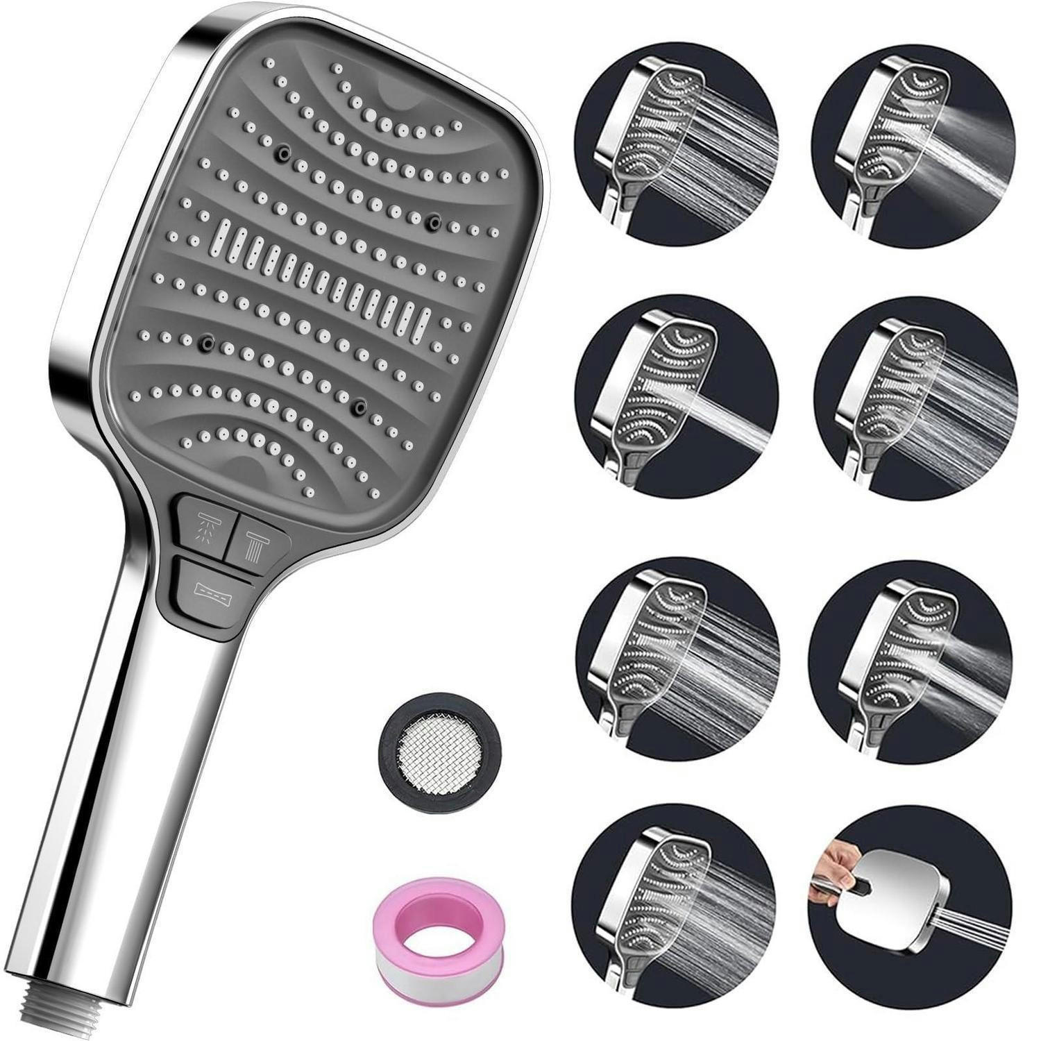 HANDBRAUSE quadratisch mit 8 Strahlarten silber - Silberfarben, Metall (12/12.7/26cm)