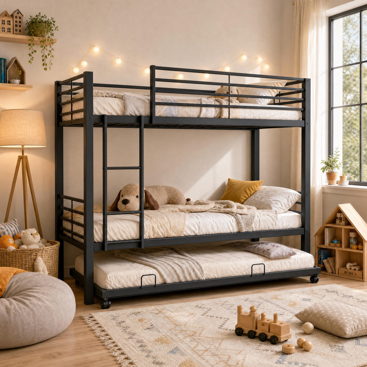 ETAGENBETT 90/200 cm mit Ausziehbett und Leiter, DE-41954, in Schwarz - Schwarz, Metall (90/200cm) - ComfortXL