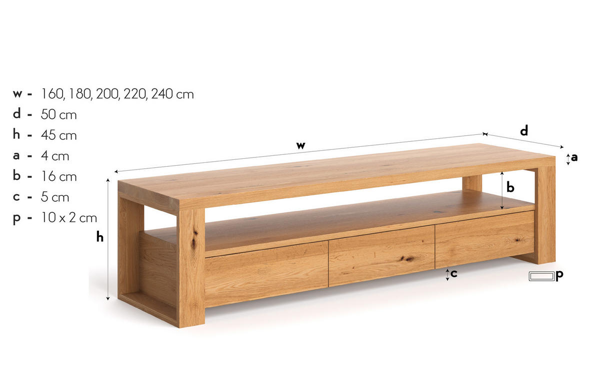TV-SCHRANK Harmony aus massivem Eichenholz 220 cm - Eichefarben/Naturfarben, Holz (220/45/50cm) - Danzz