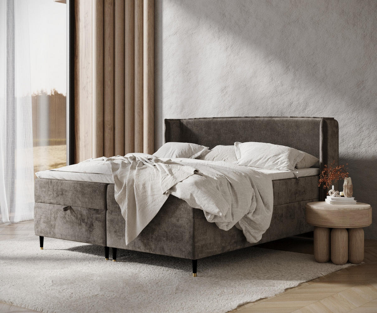 BOXBETT Monpelli Dunkelbraun 160/200 cm mit Matratze und Topper - Dunkelbraun/Schwarz, Holz/Holzwerkstoff (160/200cm) - Maison de Reve
