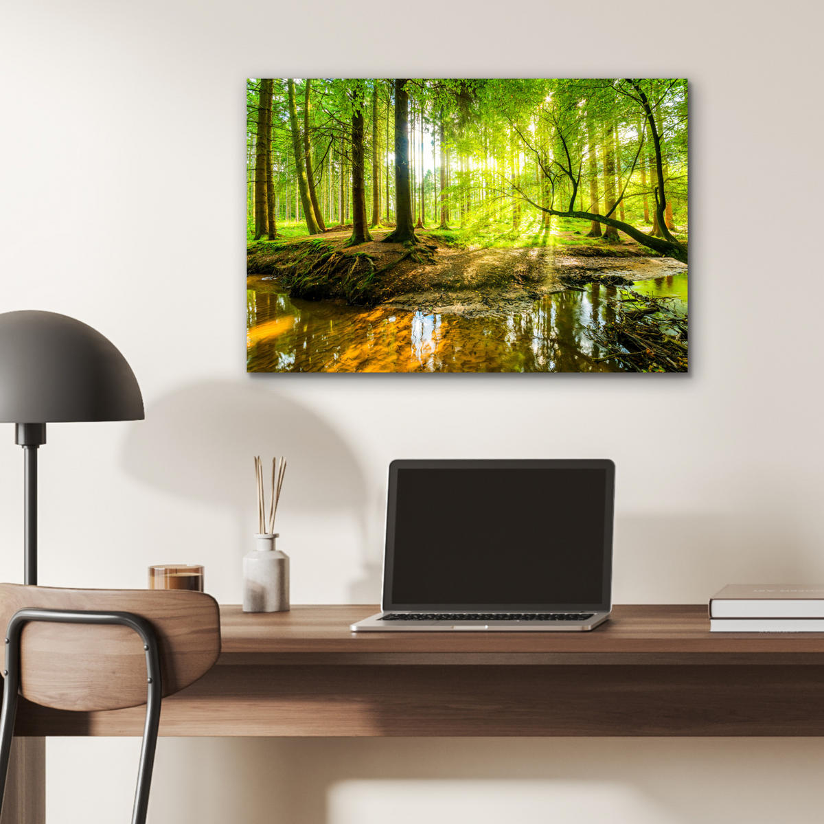 METALLBILD Wald - Landschaft - Wasser - Bäume - Sonne - Grün - Natur 60x40 cm - Grün, Metall (60/40cm) - MuchoWow
