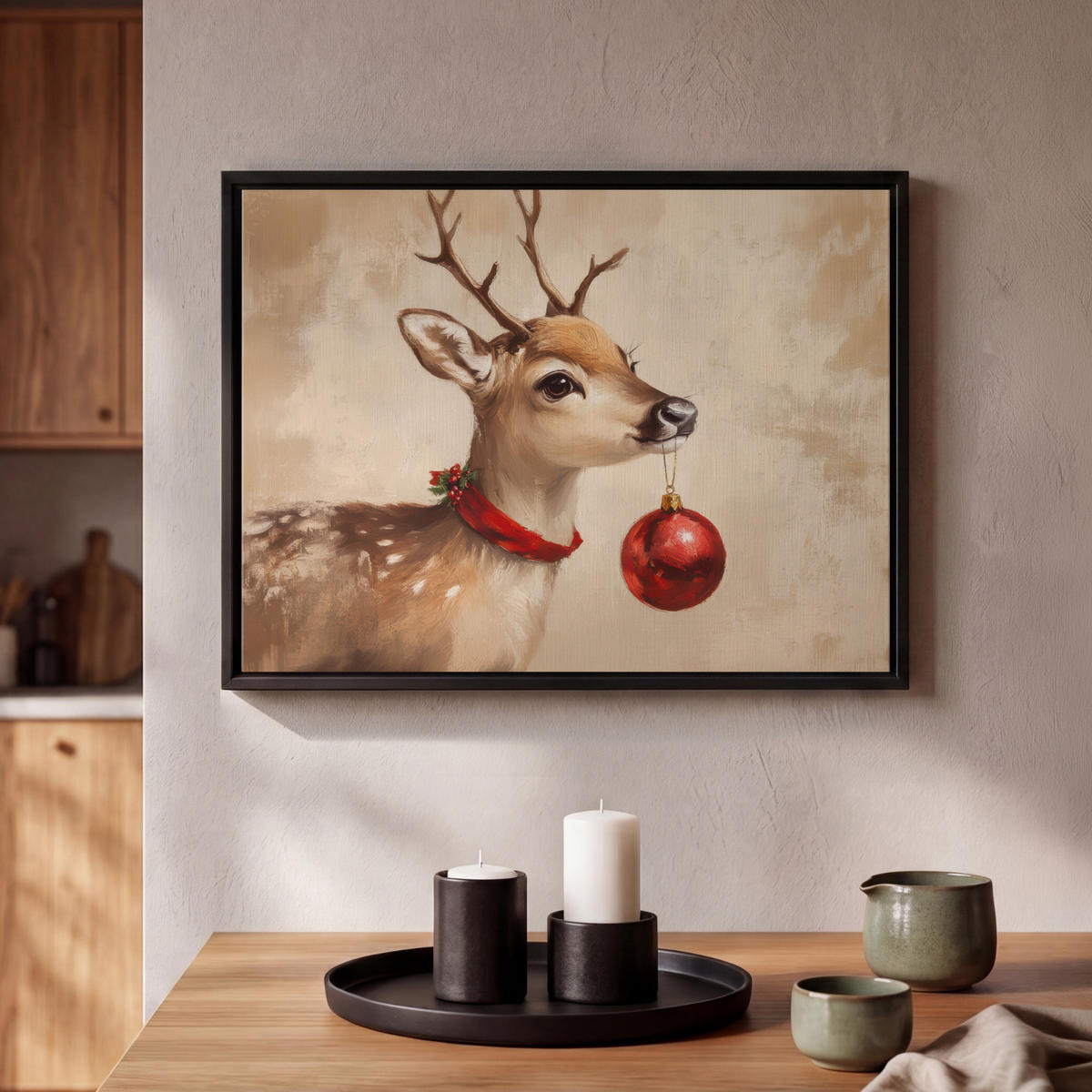LEINWAND Bilder mit Rahmen - Weihnachten - Hirsch - Geweih - Weihnachtskugel - Rentier - 40x30 - Hellbraun, Textil (40/30cm) - MuchoWow