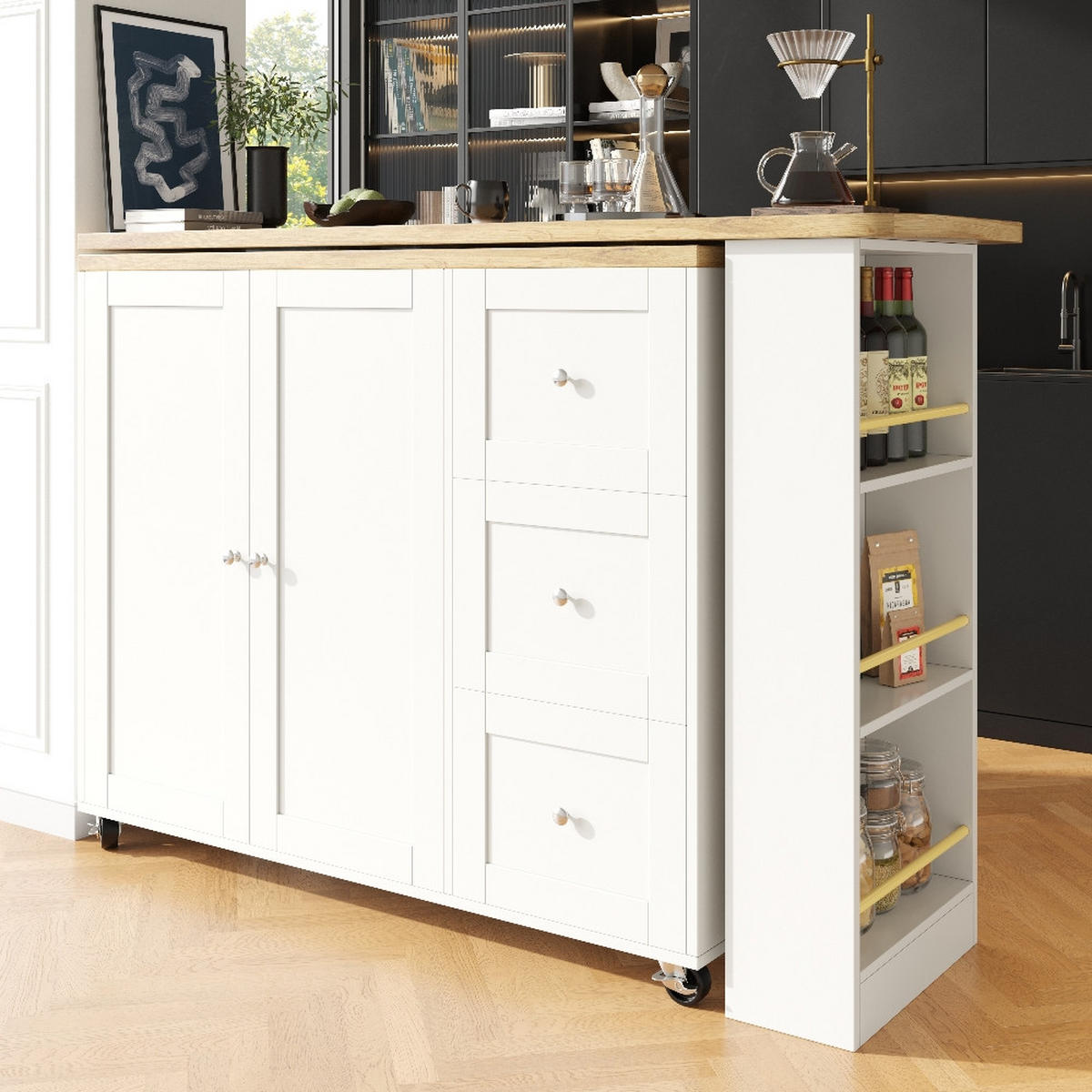 KÜCHENINSEL Stehtisch DREHBAR, Kücheninsel mit Rollen, 3 Schubladen, MDF Weiß, Küche und Wohnzimmer, 203/39/104 cm - Weiß, Kunststoff (39/106/203cm) - Rolipo