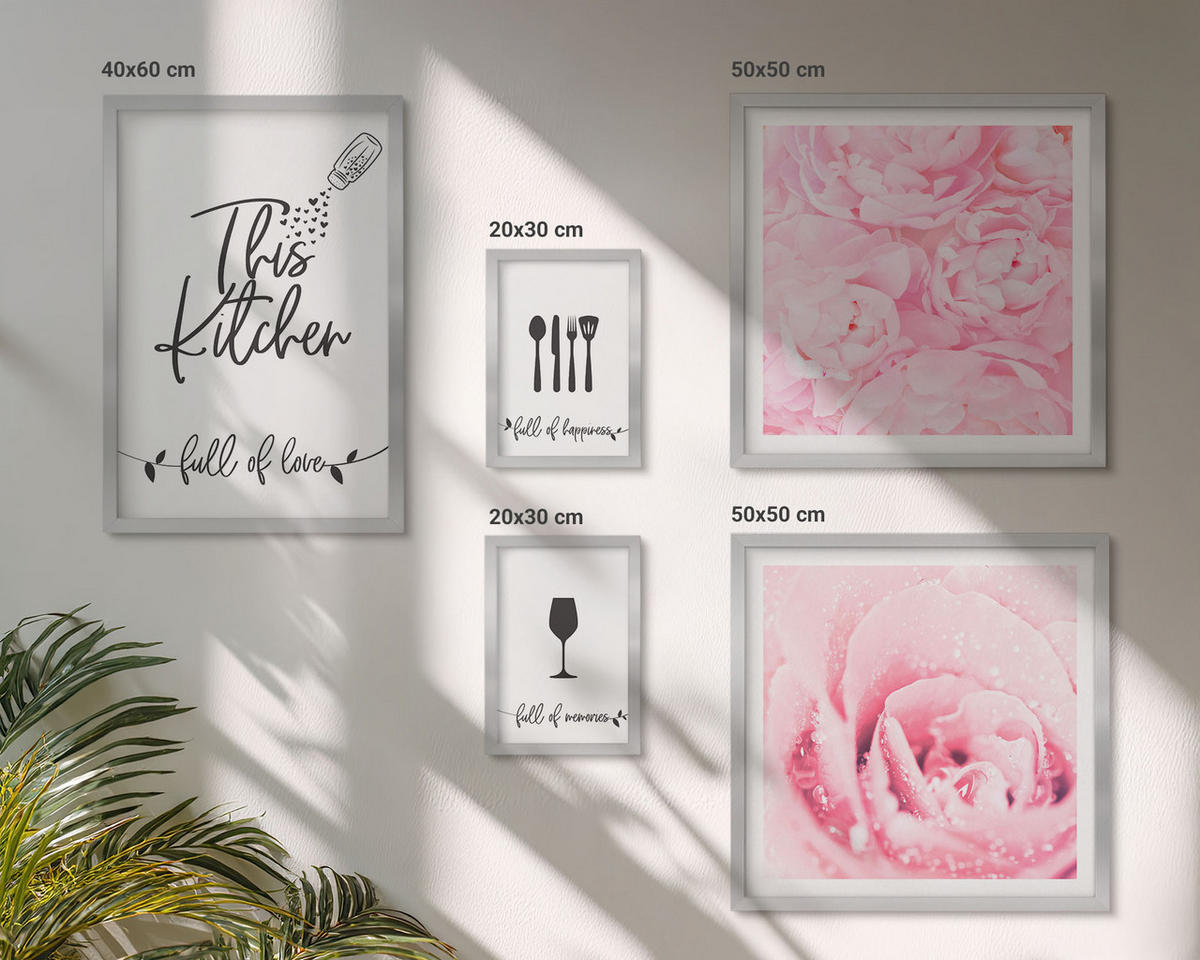 BILDER SET 5er Set - 50x50 cm & 20x30 cm & 40x60 cm Silberner Rahmen - Zen-Gemälde, Wassersteine, Buddha - Silberfarben, Kunststoff (40/60cm) - TULUP