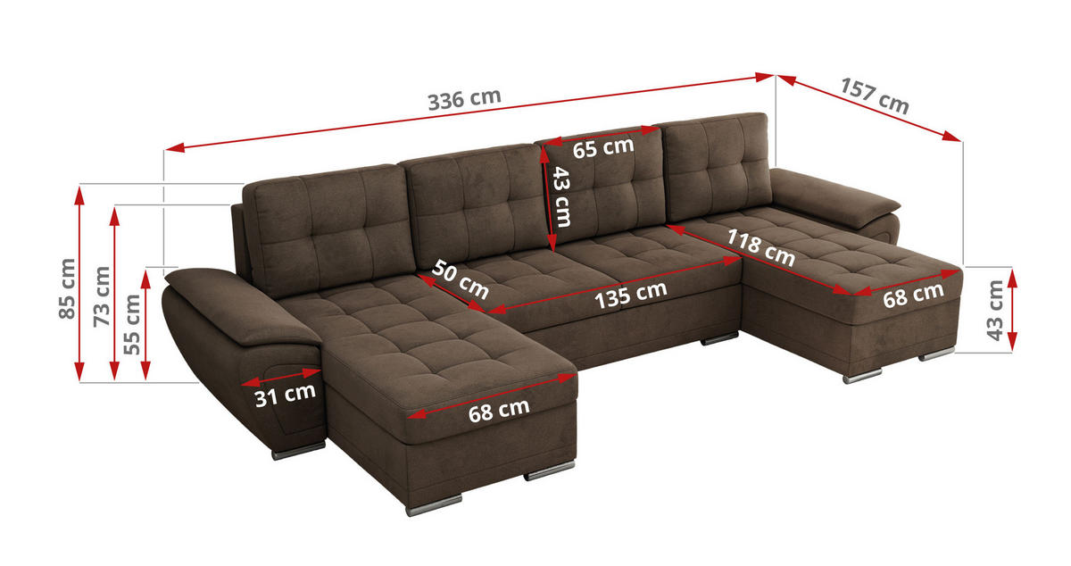 WOHNLANDSCHAFT UMBRIA U Braun Velvet - Braun/Grau, Textil/Metall (336/85/157cm) - MKS