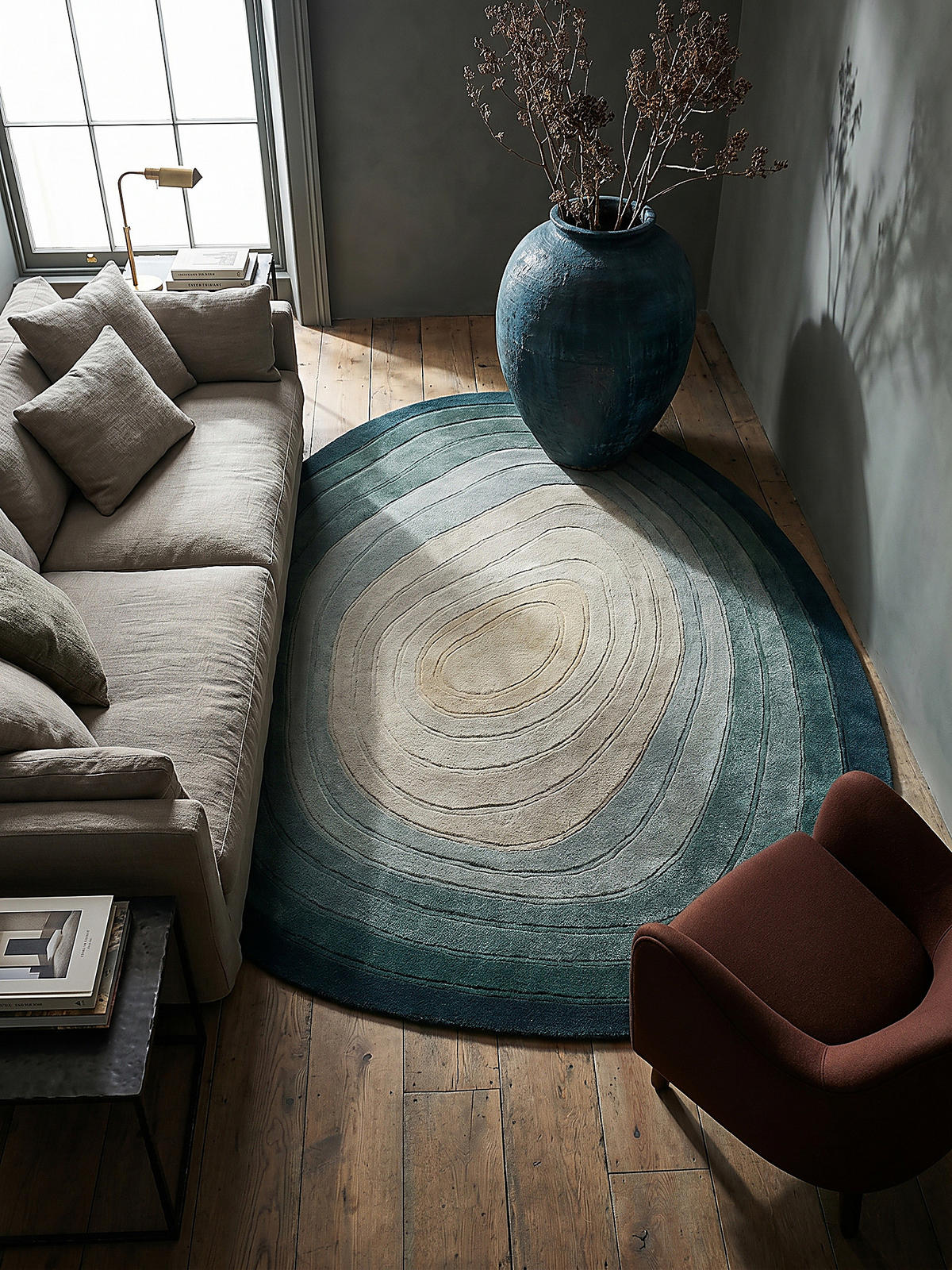 TEPPICH Wolle, Organische Form, Ombre Farbverlauf, Handgefertigt, Hoch-Tief-Flor-Effekt Türkis-Beige Oval 160x230 - Blau, Textil (230/160cm) - KADIMA DESIGN