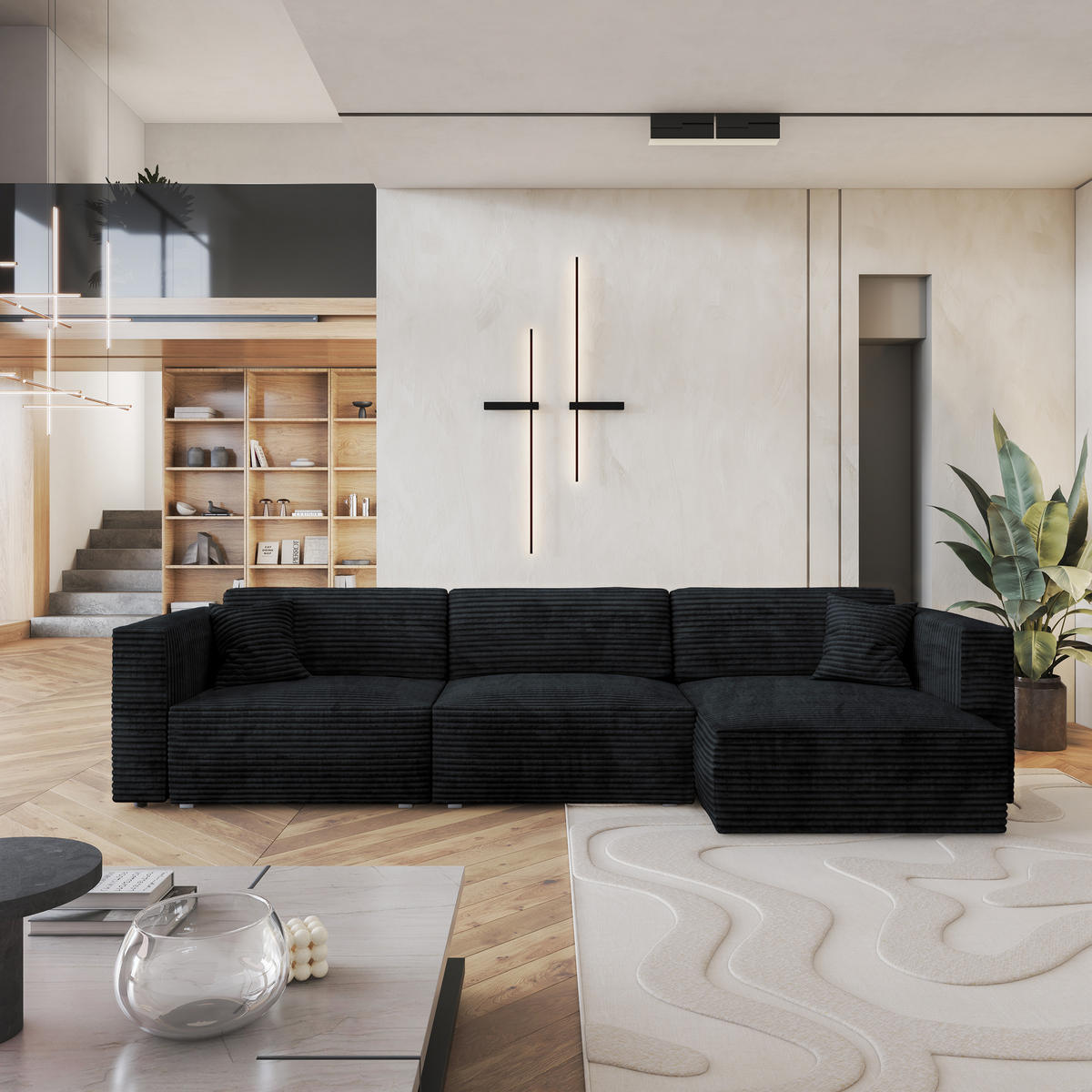 ECKSOFA TOLMO Schwarz Kordstoff mit Schlaffunktion - Schwarz/Grau, Holz/Kunststoff (347/148cm) - MASSENO