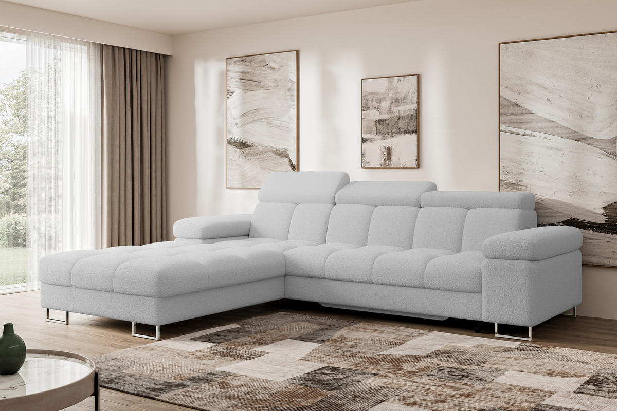 ECKSOFA mit Schlaffunktion Ottomane Links 271x203x79 Hellgrau Bouclé - Edelstahlfarben, Holzwerkstoff/Textil (271/203cm) - ALTDECOR