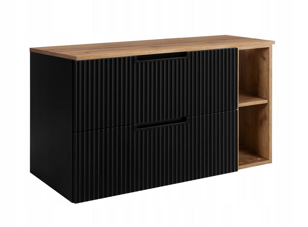 WASCHBECKUNTERSCHRANK VENA 80 cm mit Arbeitsplatte Farbe: Eichen Craft mit einem Regal Gerillte Vorderseite Matt Schwarz - Eichefarben/Schwarz, Holzwerkstoff (80/58/46cm) - Rodan