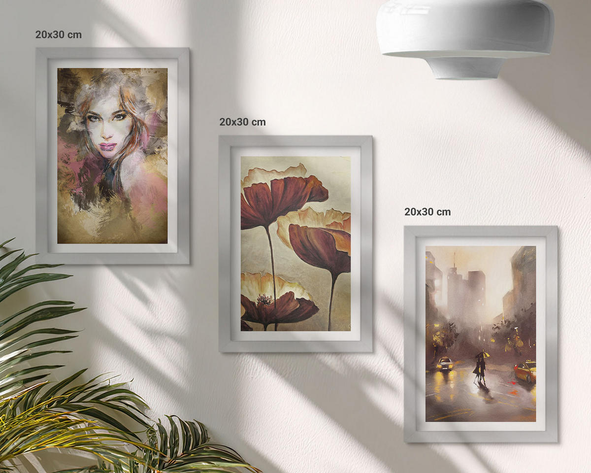 WANDBILDER 3er Set - 20x30 cm Silberner Rahmen - Abstraktes Porträt einer Frau mit Blumen und Regen - Silberfarben, Kunststoff (20/30cm) - ArtPrintCave