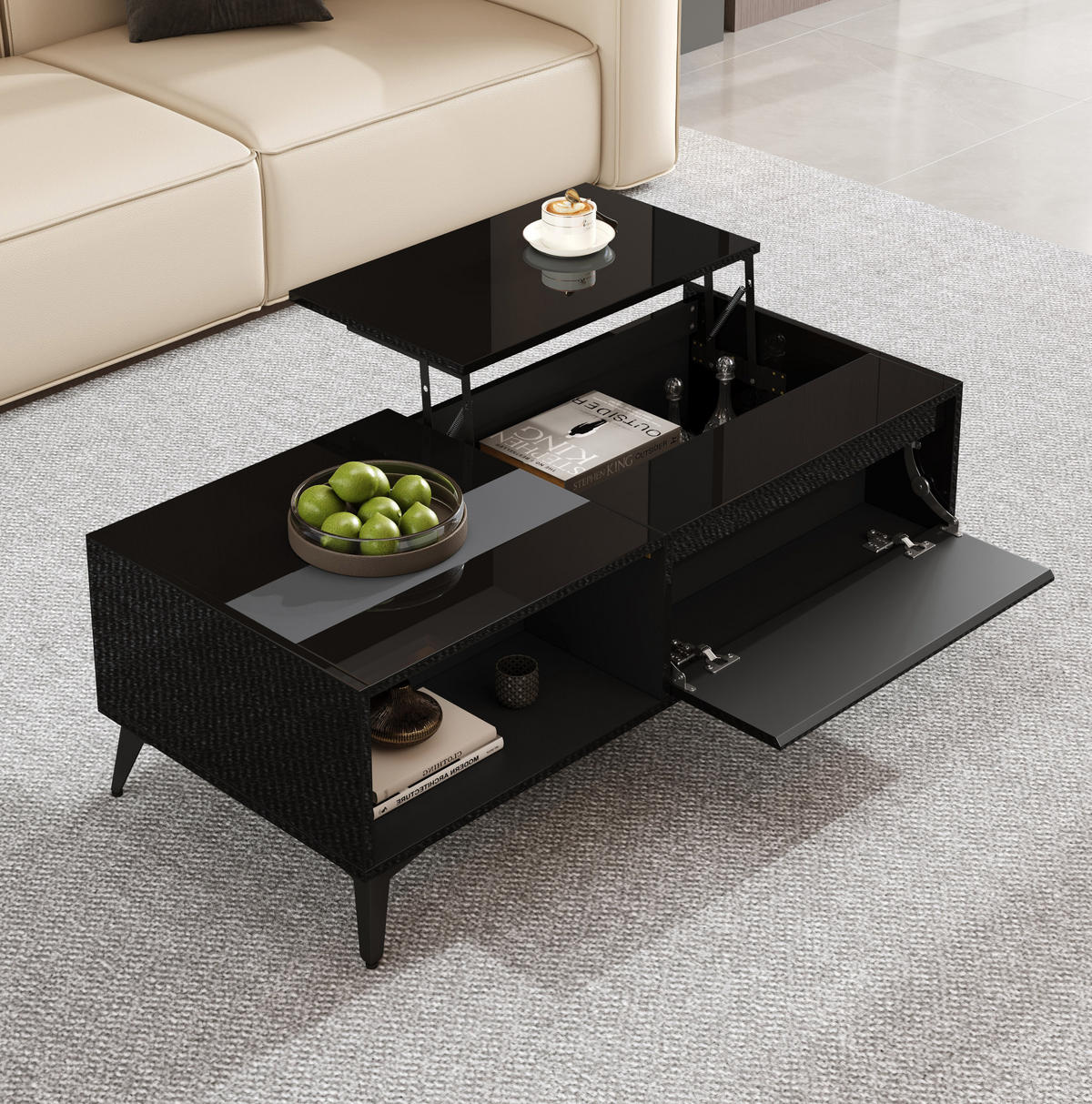 COUCHTISCH 110/50/48 cm Schwarz Hochglanz mit Hebemechanismus und Stauraum - Schwarz, Holzwerkstoff (110/50/48cm) - OKWISH