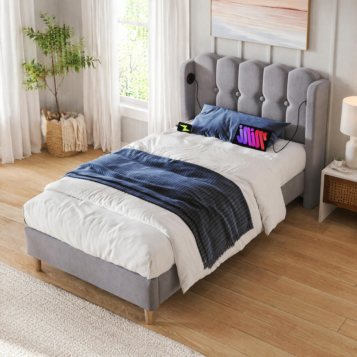 POLSTERBETT 90/200 mit USB und Type-C,mit Lattenrost in Grau - Grau, Holzwerkstoff/Textil (90/200cm) - EVRYAE