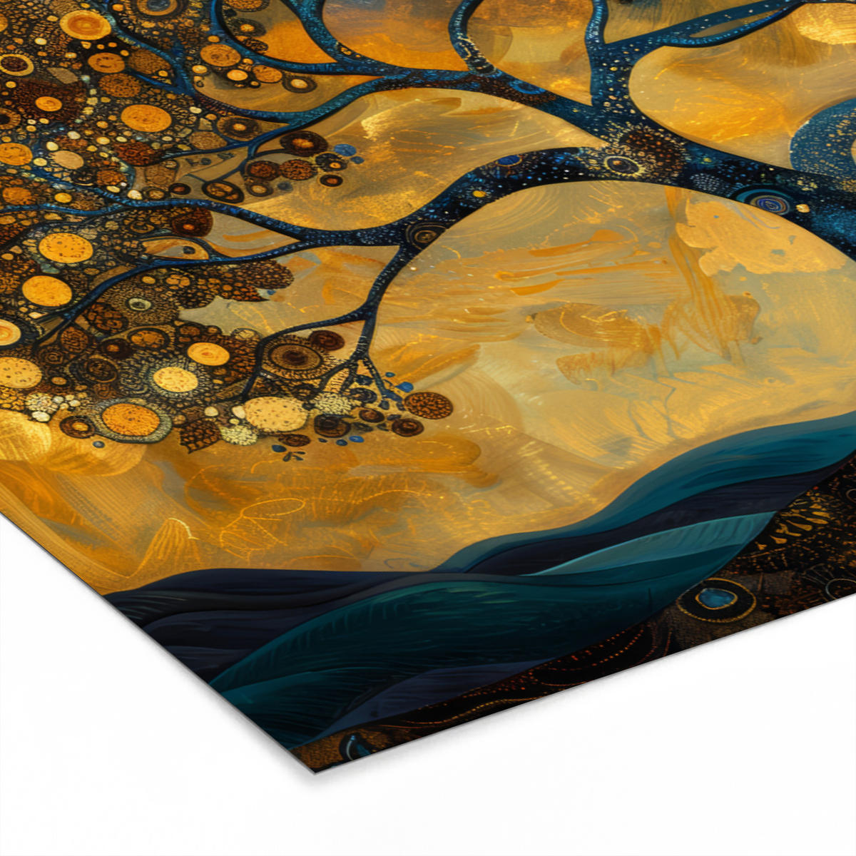 POSTER MIT RAHMEN Baum - Mond - Blumen - Gold - Kunst 90x60 cm - Orange, Papier (90/60cm) - MuchoWow
