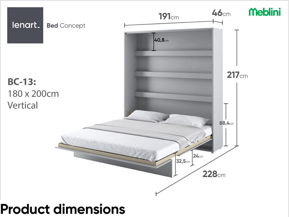 SCHRANKBETT BC-13 - 180x200cm Vertikal - Grau Matt - Grau, Holzwerkstoff (180/200cm) - Meblini