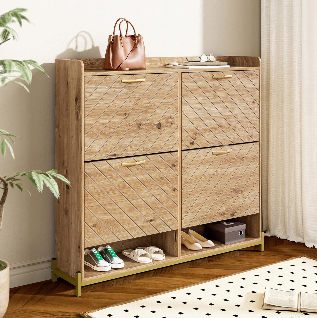 SCHUHSCHRANK 108,5/24/100 cm in Holzoptik mit 4 Türen und Metallfüßen - Naturfarben, Holzwerkstoff (108.5/100/24cm) - Flora Grace