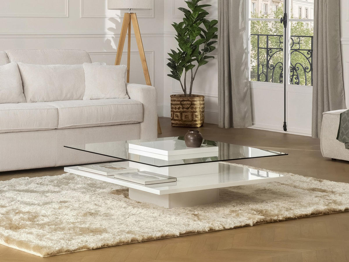 COUCHTISCH - Glas & MDF - Weiß - ISANIA - Transparent, Glas (100/100/38cm) - Vente-Unique