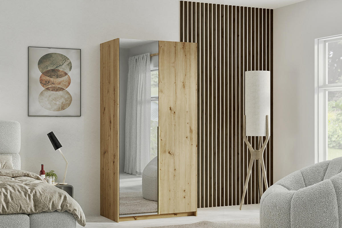 DREHTÜRENSCHRANK Apollonia mit Spiegel 100x204cm 2-türig, artisan, goldene Griffe - Goldfarben/Braun, Kunststoff (58/205/100cm) - Margaret Hadas24