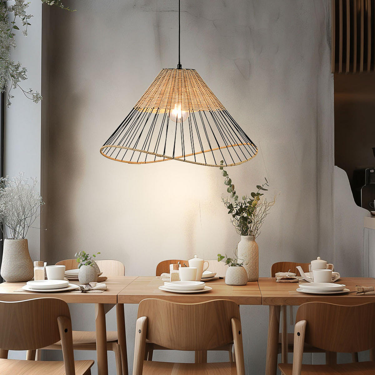 HÄNGELEUCHTE Metall Schwarz Holzgeflecht - Schwarz, Holz (48/48/120cm)