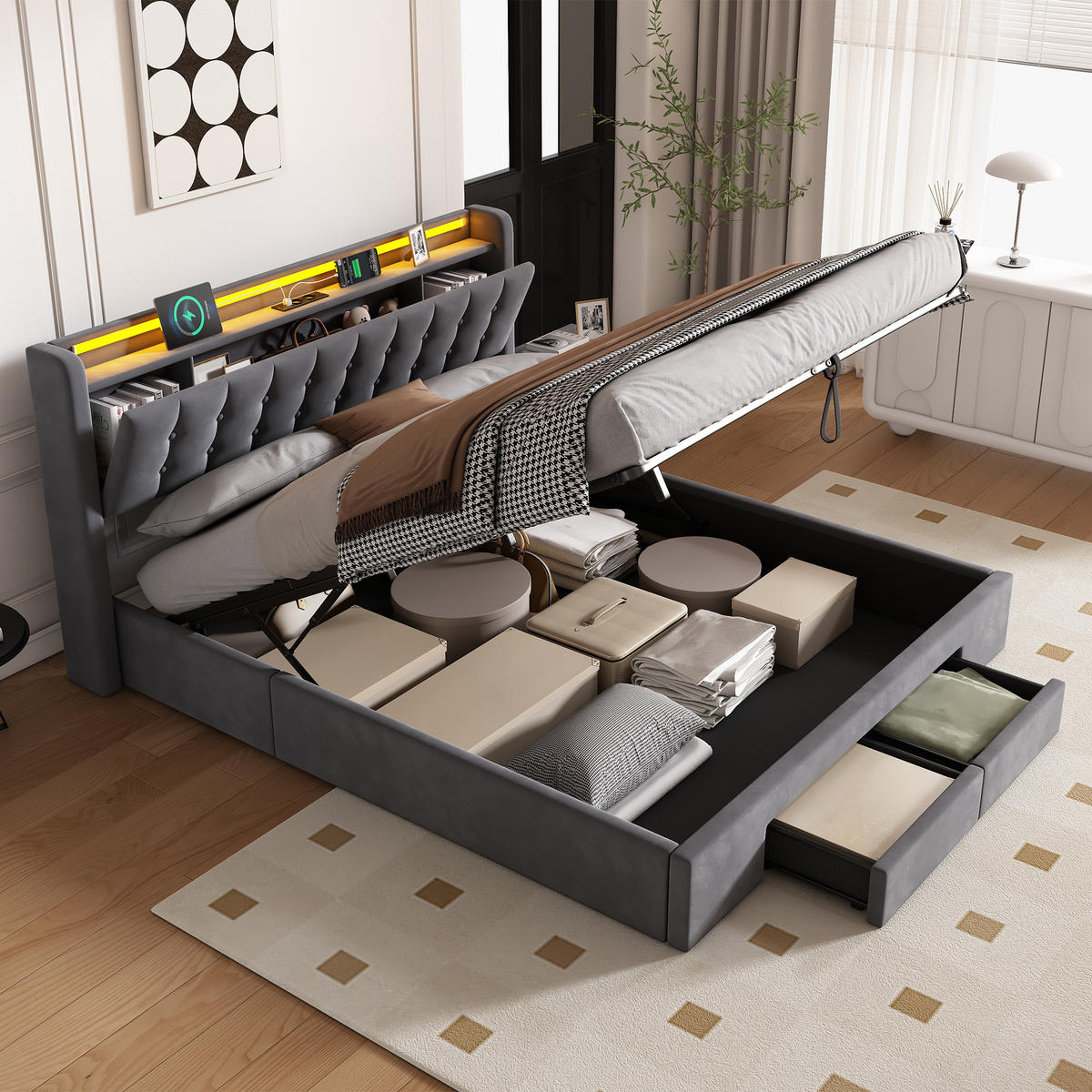 POLSTERBETT 160/200 cm mit Stauraum und Steckdose, mit Schubladen, ohne Matratze - Grau, Holzwerkstoff/Textil (160/200cm) - STILVORA