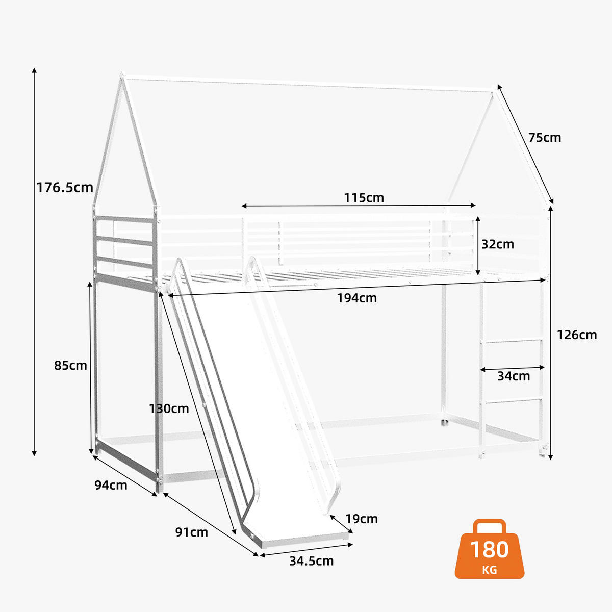 HAUSBETT 194/105/179 cm Weiß - Weiß, Metall - Raumix