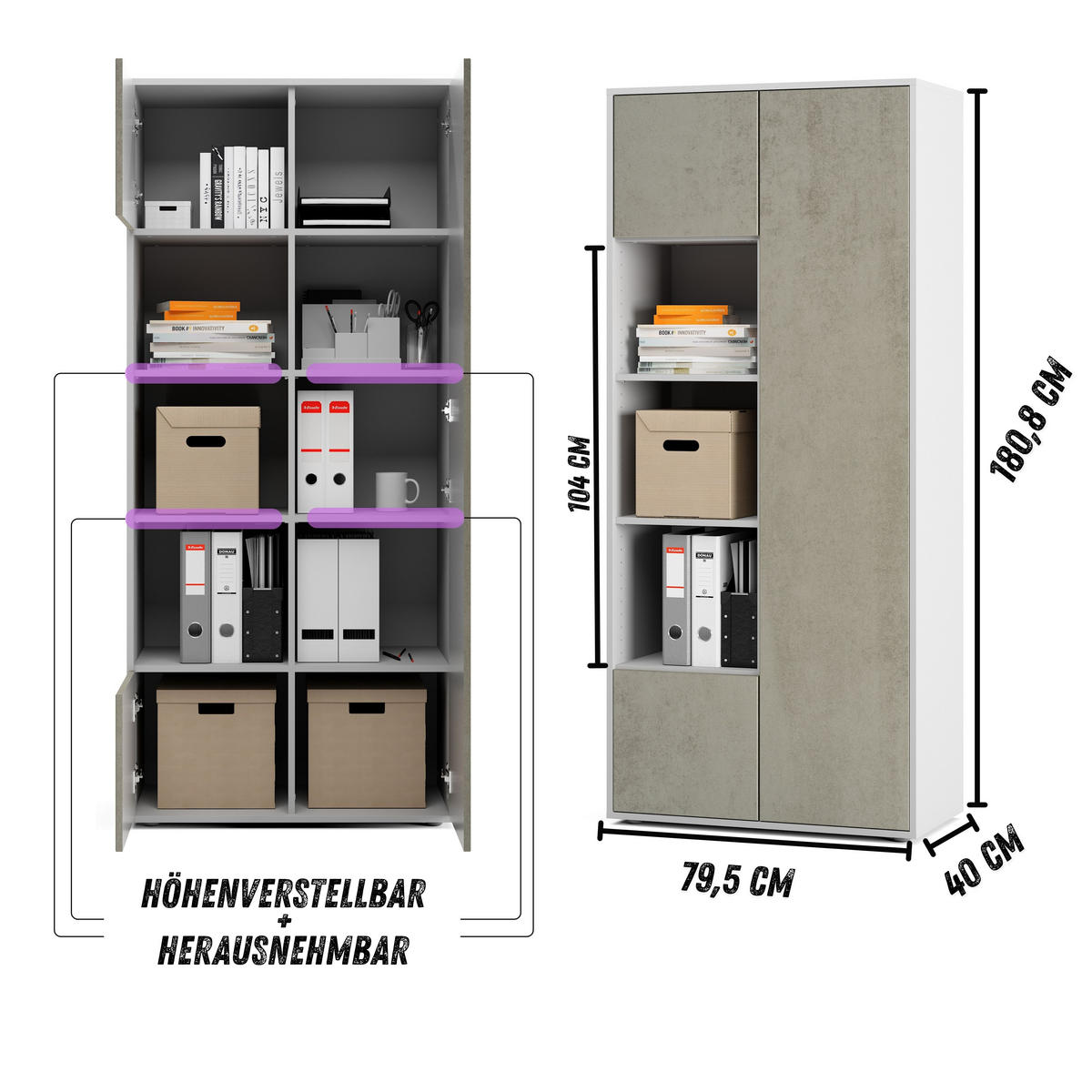 AKTENSCHRANK Amira T30 Beton Oxid 180/80/40 cm - Hellgrau, Holzwerkstoff (80/180/40cm) - SIMPLYFURN