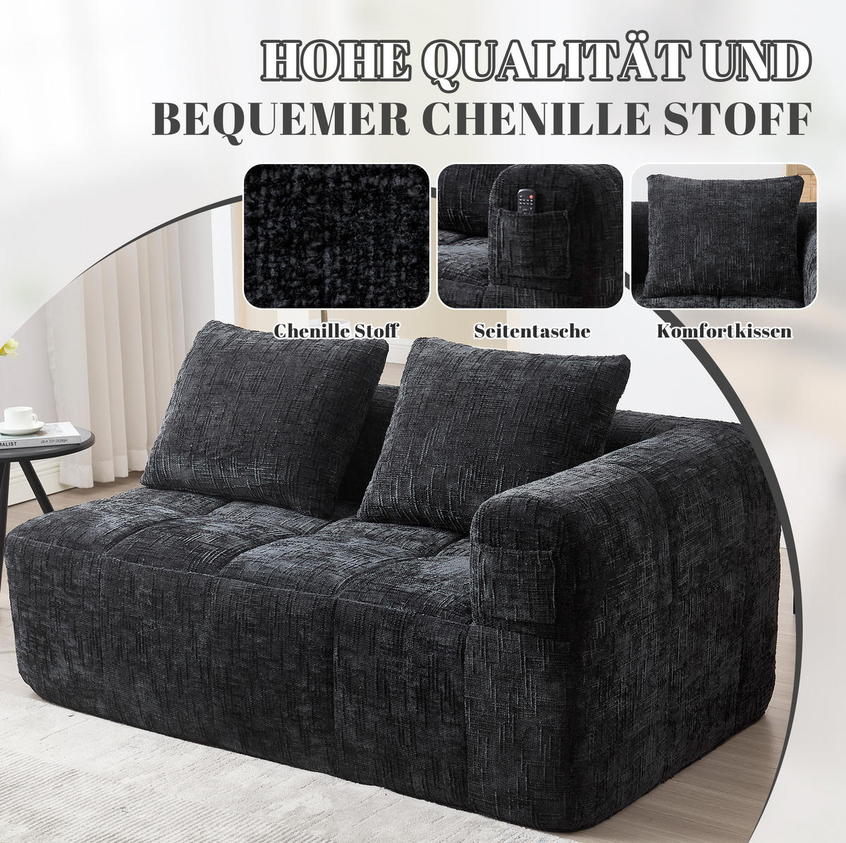 2-SITZER 158/90/60 cm Schwarz aus Chenille mit Seitentaschen - Schwarz, Textil (90/60/158cm) - OKMYHOME