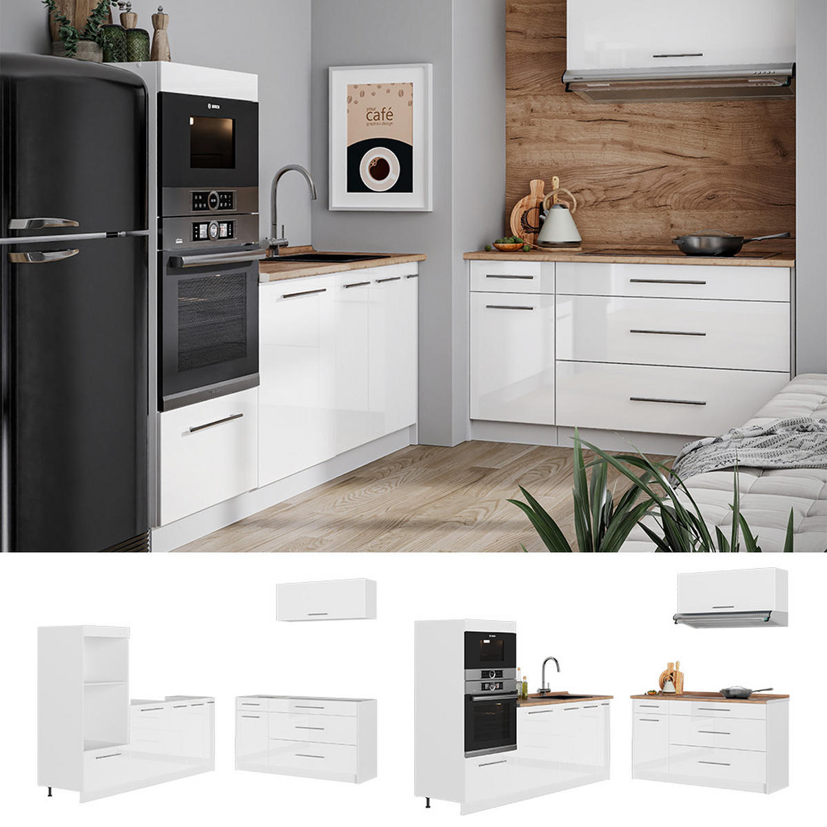 KUCHYŇA Fame-Line, Biely vysoký lesk/biely, 340 cm, AP Oak - biela/biela s vysokým leskom, kompozitné drevo (340/153.6/60cm) - Vicco
