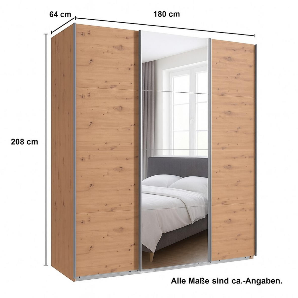 SCHWEBETÜRENSCHRANK 3-türig in Eiche Artisan Dekor, eine Tür mit Spiegel, B180/H208/T64 cm / 22513 - Eichefarben/Alufarben, Holzwerkstoff/Metall (180/208/64cm) - luma-home