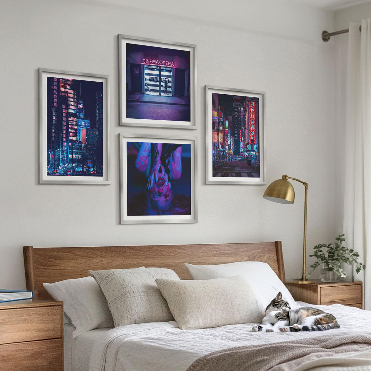WANDBILDER 4er Set - 50x50 cm & 40x60 cm Silberner Rahmen - Nachtstadt mit Neonlichtern - Silberfarben, Kunststoff (50/50cm) - ArtPrintCave