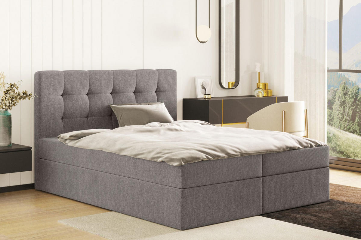 BOXBETT Mit Matratze Und Bettkasten, LUDANO Stoff Sydney Grau 140x200 cm H2-Pocket - Grau, Holz (140/200cm) - Kaiser Möbel