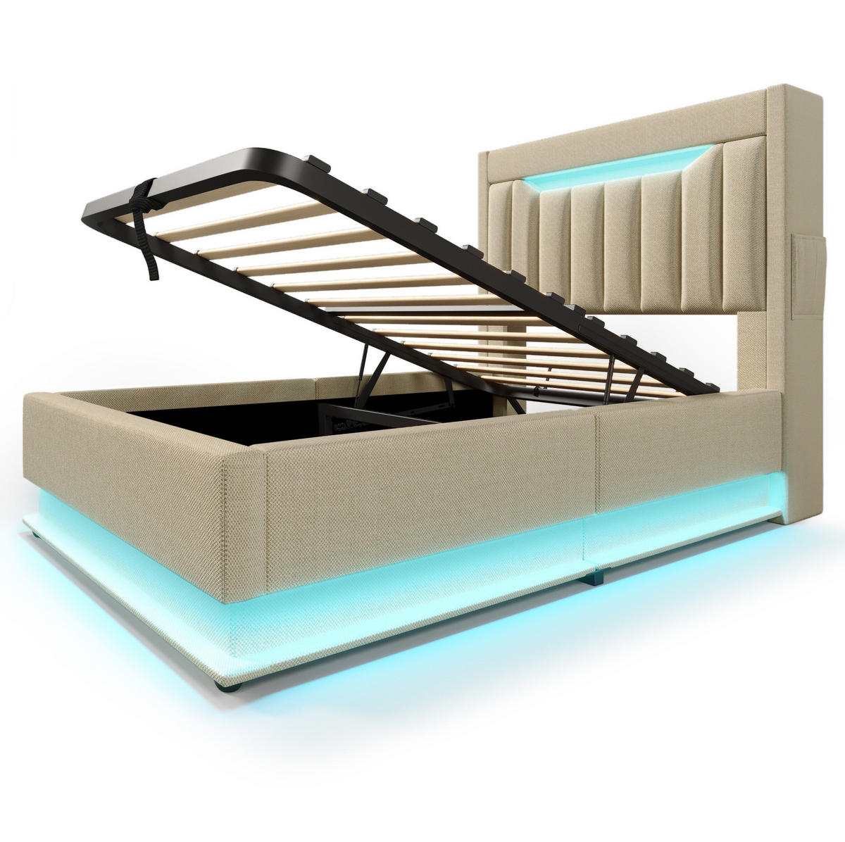 POLSTERBETT 90/200 cm mit Bettkasten, LED-Beleuchtung und Ladefunktion in Beige - Beige, Textil (90/200cm) - BEAOK