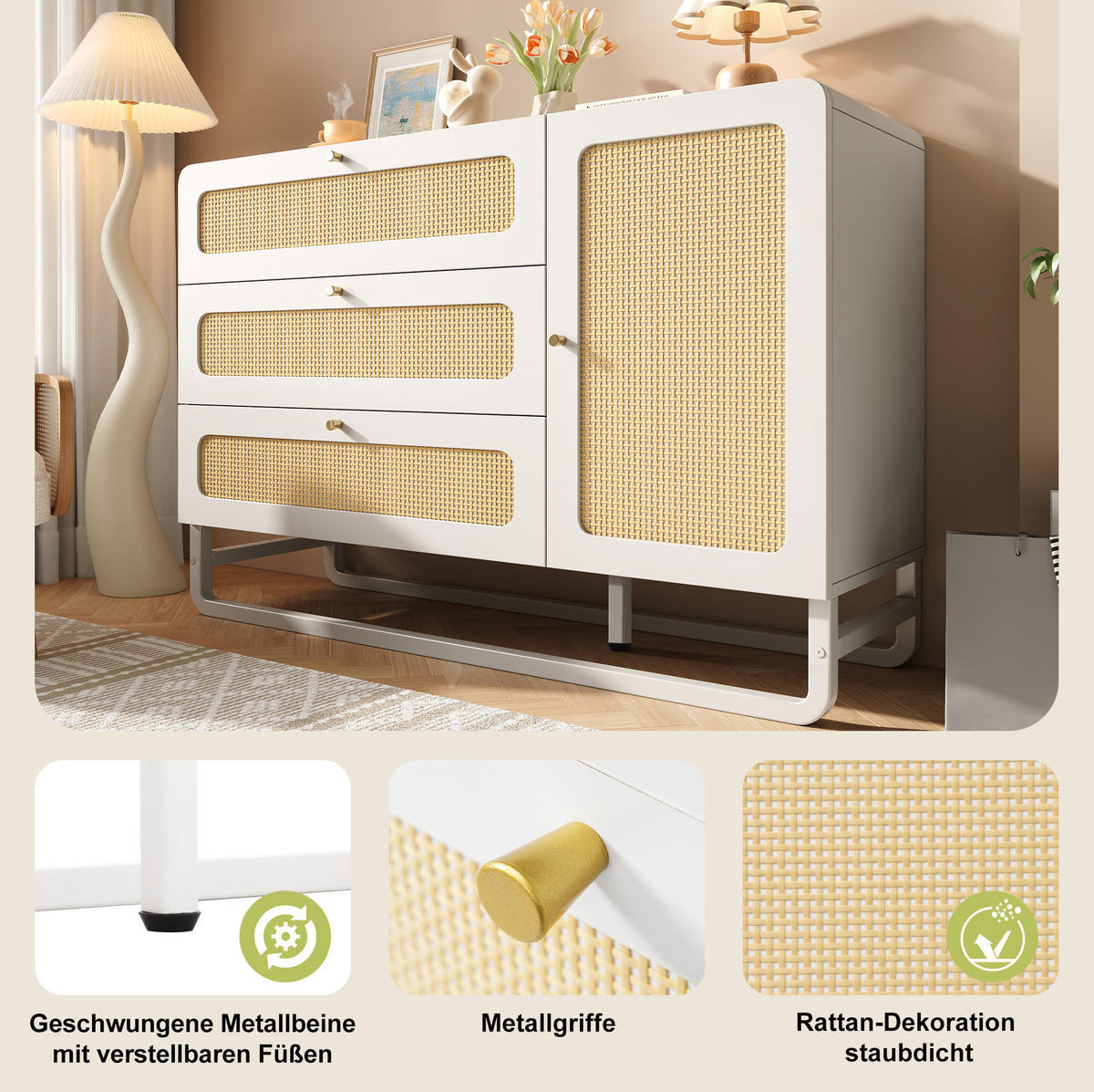 KOMMODE aus Holz und Metall 120/40/85 cm mit 3 Schubladen, Türfach, verstellbaren Einlegeböden und Kippsicherung, Weiß - Weiß, Metall (120/85/40cm) - Redom