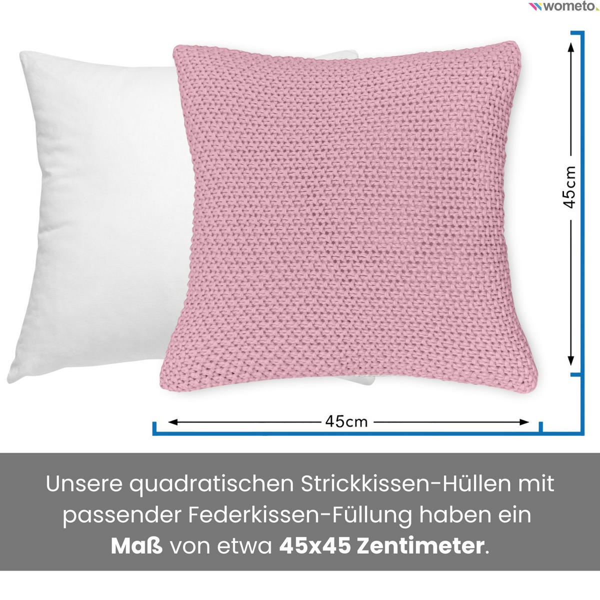 KISSENHÜLLE Strick rosa 45/45 cm mit Reißverschluss inkl. 100% Federkissen - Pink, Textil (45/45cm) - wometo