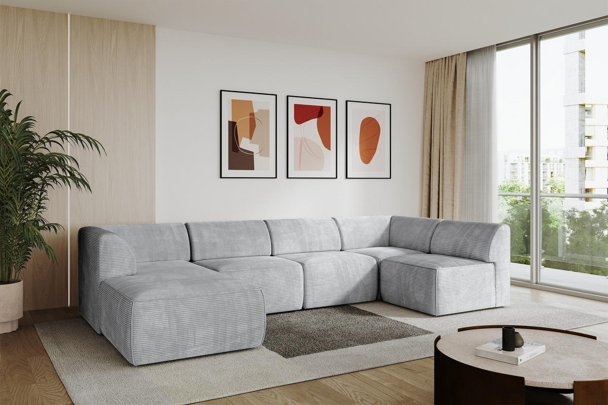 WOHNLANDSCHAFT Ottomane Links MOVA 345x180x78 Grau Cord - Schwarz/Alufarben, Holzwerkstoff/Kunststoff (180/78/345cm) - ALTDECOR