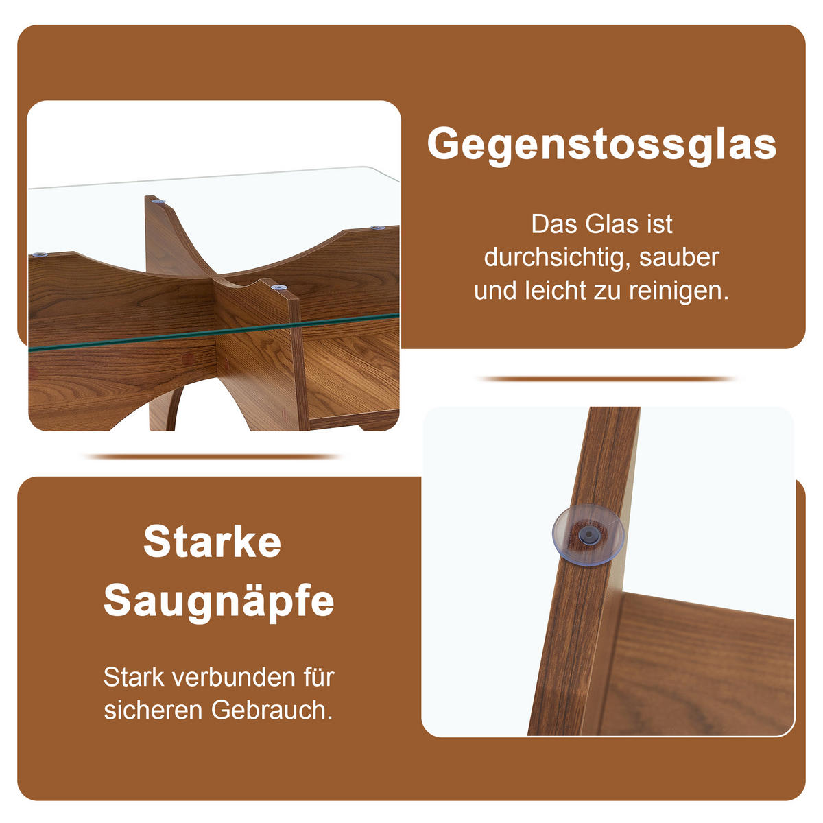 COUCHTISCH 80/80/40 cm Transparent Nussbaum MDF mit Sicherheitsglas und Ablagefach - Walnussfarben, Holzwerkstoff (80/80/40cm) - OKWISH