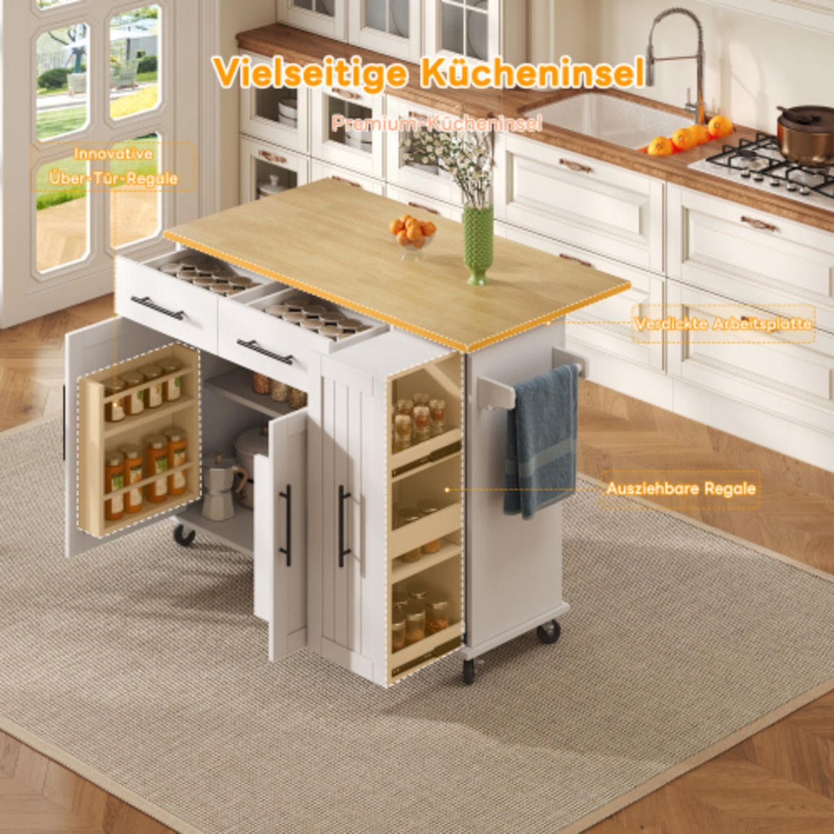 KÜCHENINSEL weiß-Natur aus MDF mit ausziehbarem 3-Ebenen-Regal und klappbarer Erweiterungsplatte 120 × 40(65) × 90 cm - Weiß, Holzwerkstoff (120/90/65cm) - Luhomfu