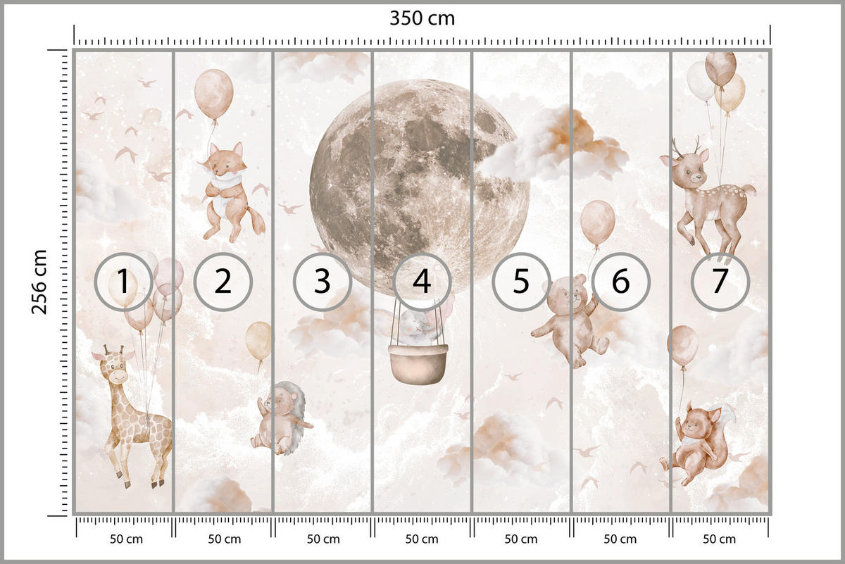 FOTOTAPETE für Kinderzimmer Mond Ballons Bär Rehkitz Giraffe Wolken 350x256 - Beige/Rosa, Papier (350/256cm) - Muralo