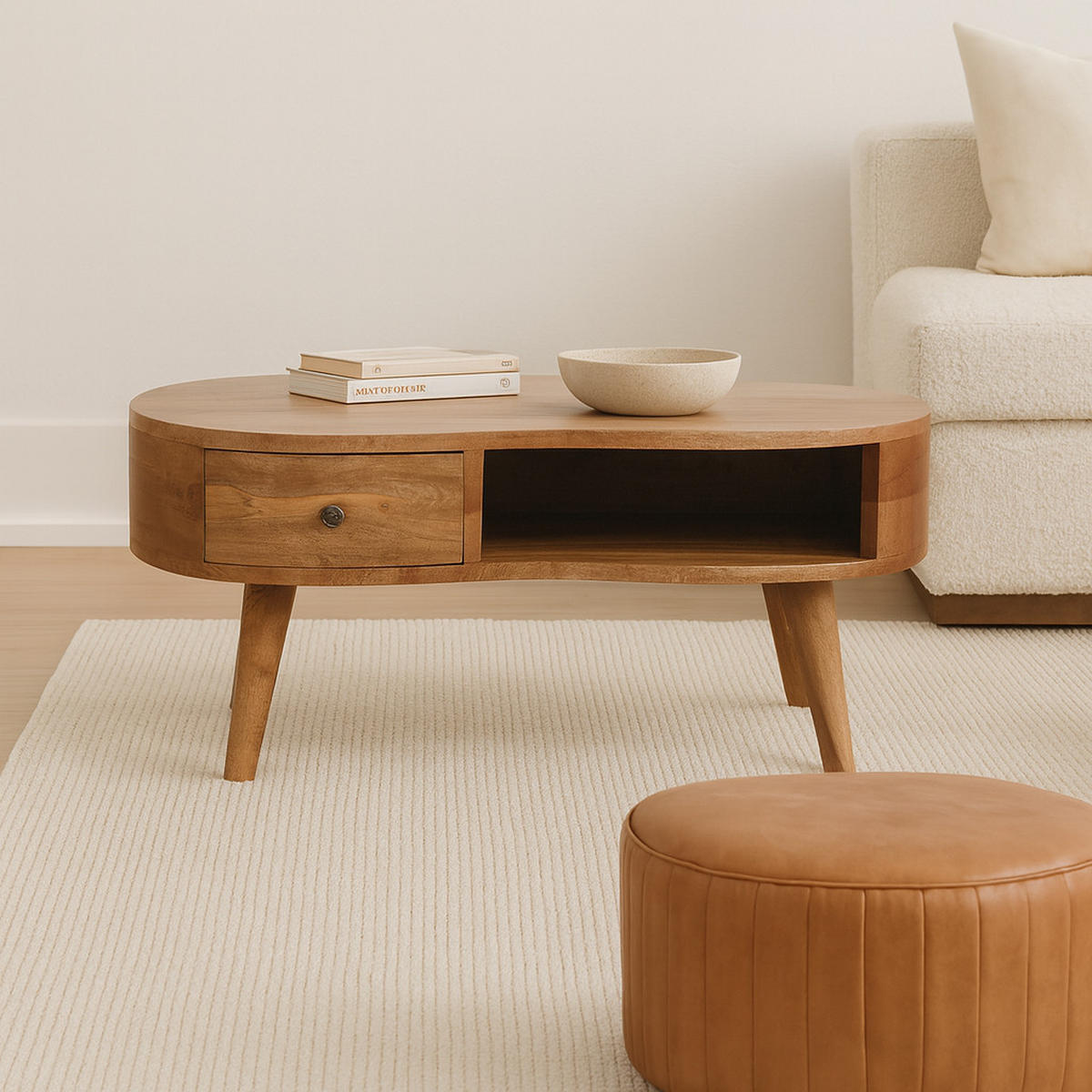 KLUBSKA mizica z 1 predalom, 1 odprtim predelkom, nordijske noge, bež - rjava/barve medenine, kovina/les (50/80/40cm) - Artisan Furniture