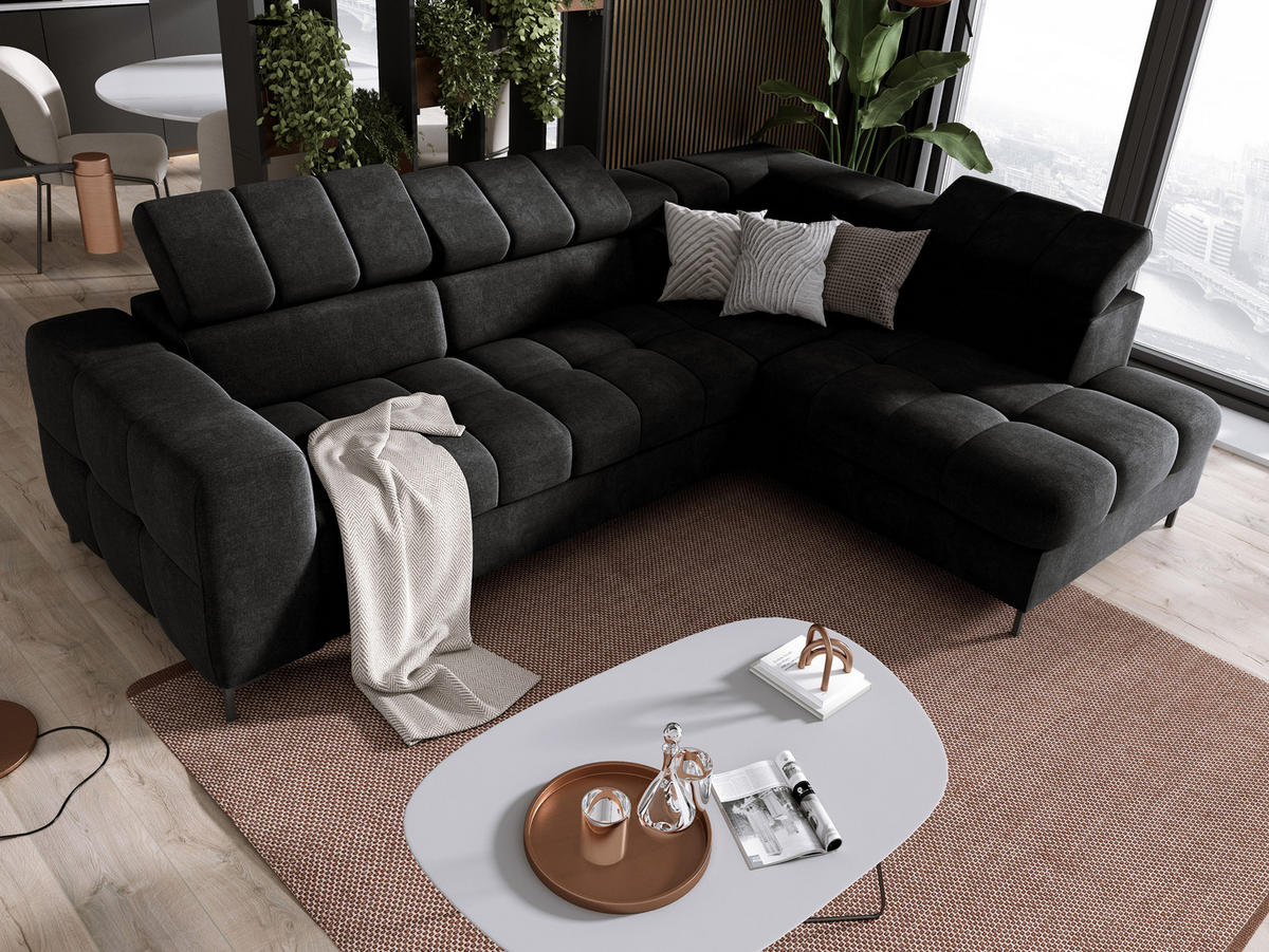 ECKSOFA PABLOS 279x201cm, Schlaffunktion, Stauraum, schwarz, links - Dunkelgrau, Holz/Textil (279/201cm) - DomoHome