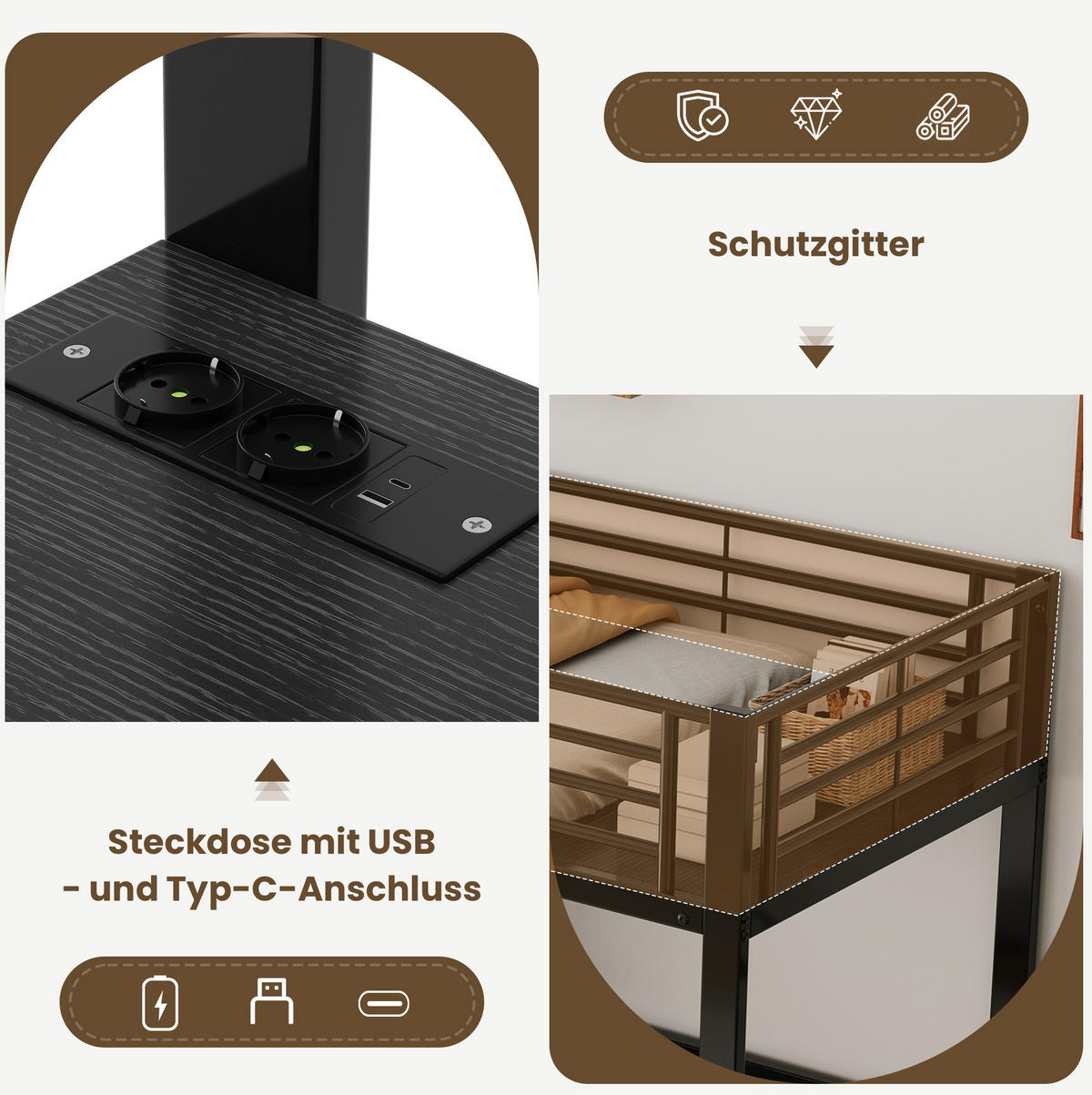 HOCHBETT Metall & MDF 90x200 cm Schwarz mit Schreibtisch, Stauraumtreppe und 2 Schlafplätzen - Schwarz, Holzwerkstoff (90/200cm) - Modfu
