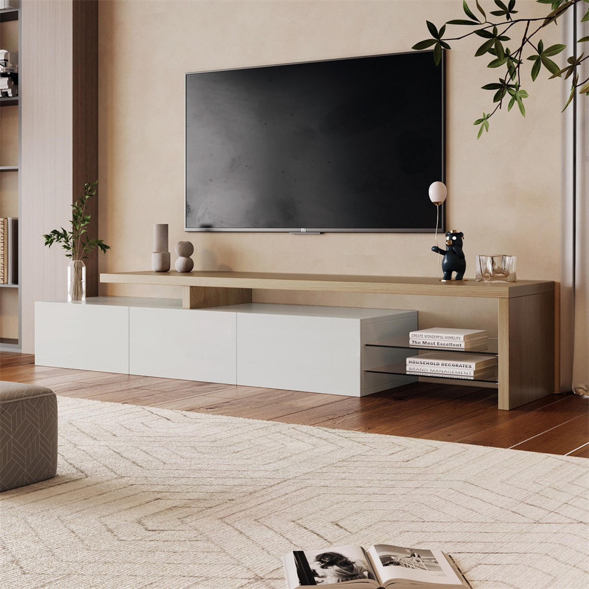 TV-LOWBOARD - TV-Schrank mit LED-Beleuchtung - offenem Glasregal und Stauraum - Weiß+Natur - Weiß, Holzwerkstoff (39/42/200cm) - DELFA