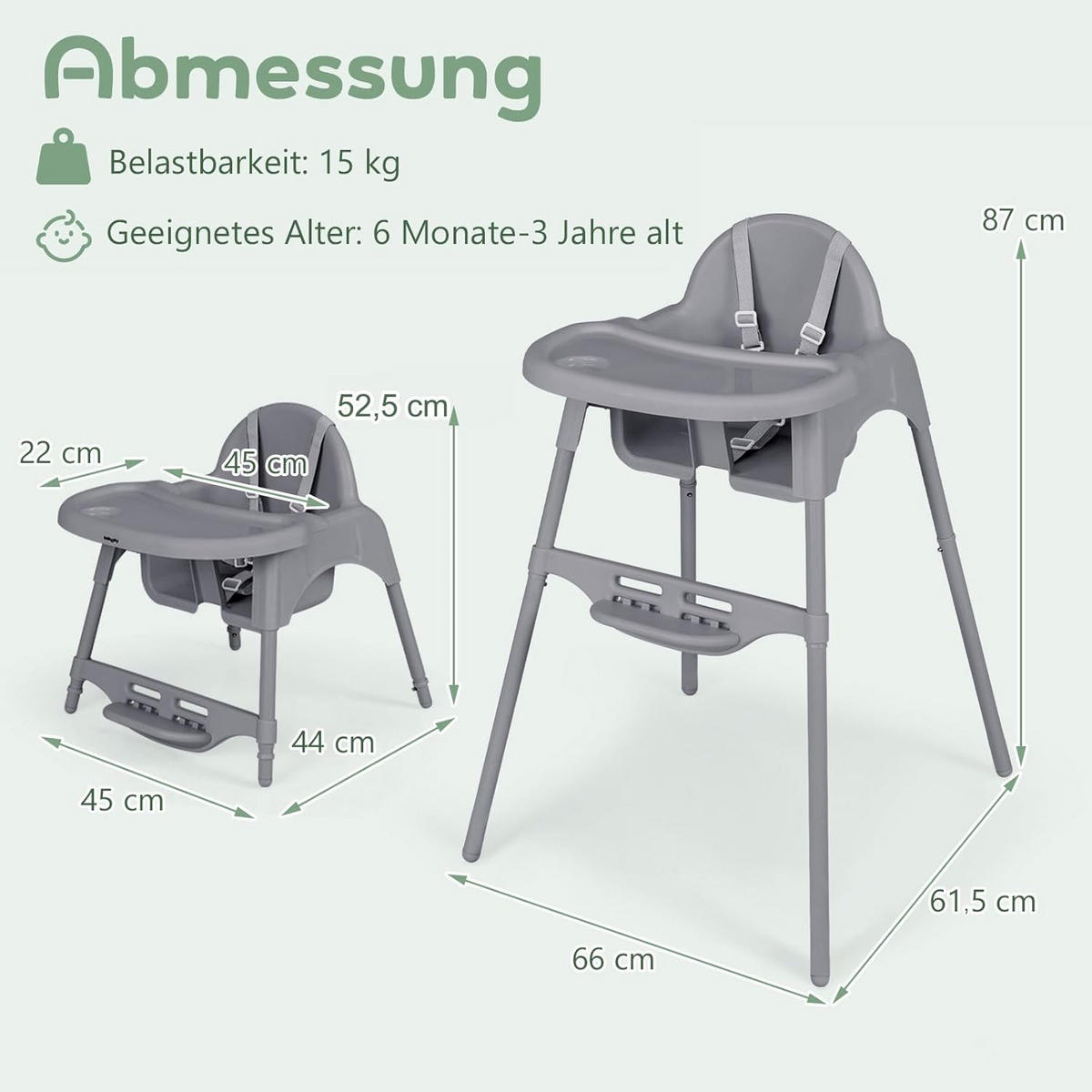 BABYHOCHSTUHL Grau - Grau, Kunststoff (61.5/87/66cm) - COSTWAY