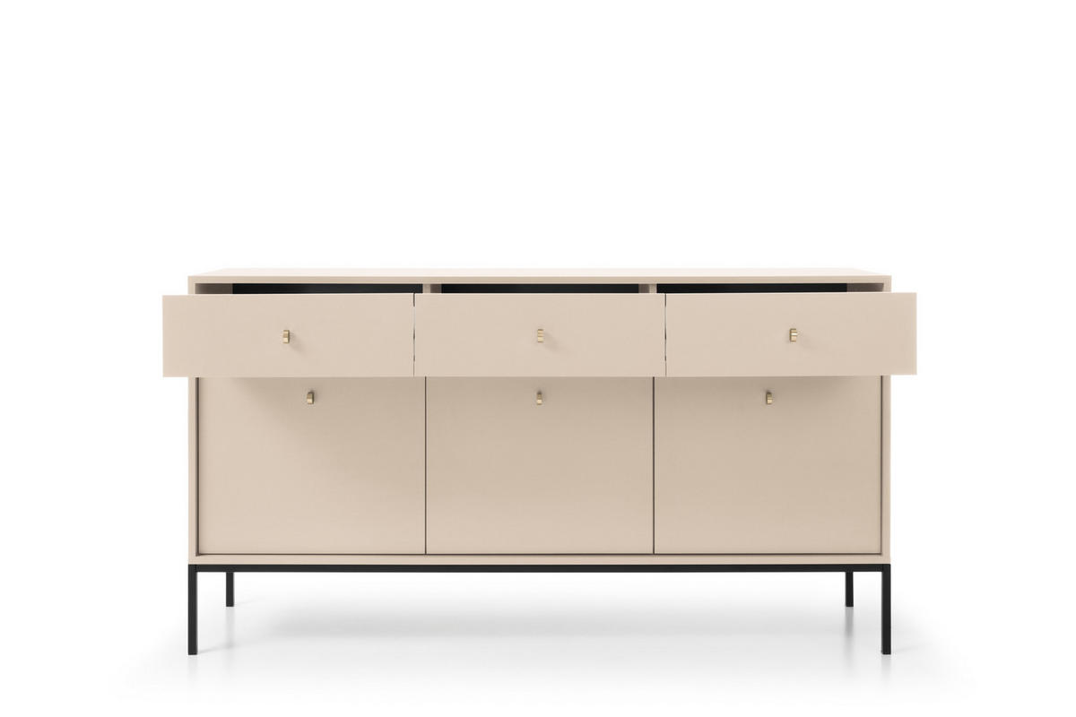 KOMMODE Molly Beige, Schwarze Beine, Dreitürige mit Schubladen - Beige/Schwarz, Holzwerkstoff/Metall (154/83/39cm) - Bettso
