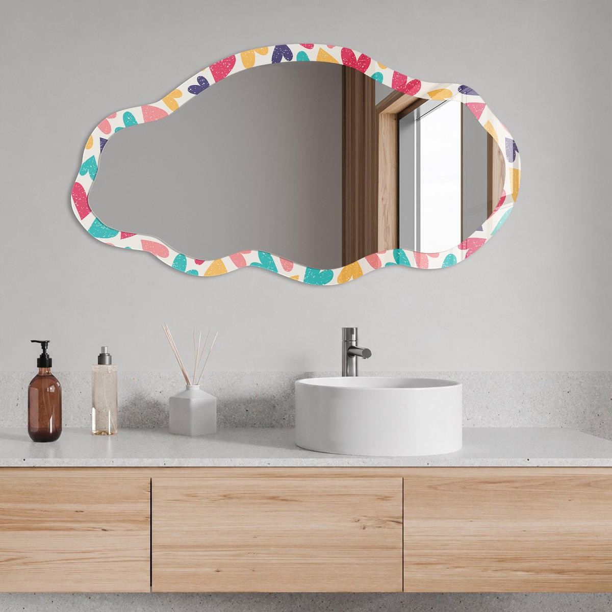 SPIEGEL 90x45 cm asymmetrisch mit Druck - Bunte Herzen - Transparent, Glas (45/90/0.4cm) - TULUP