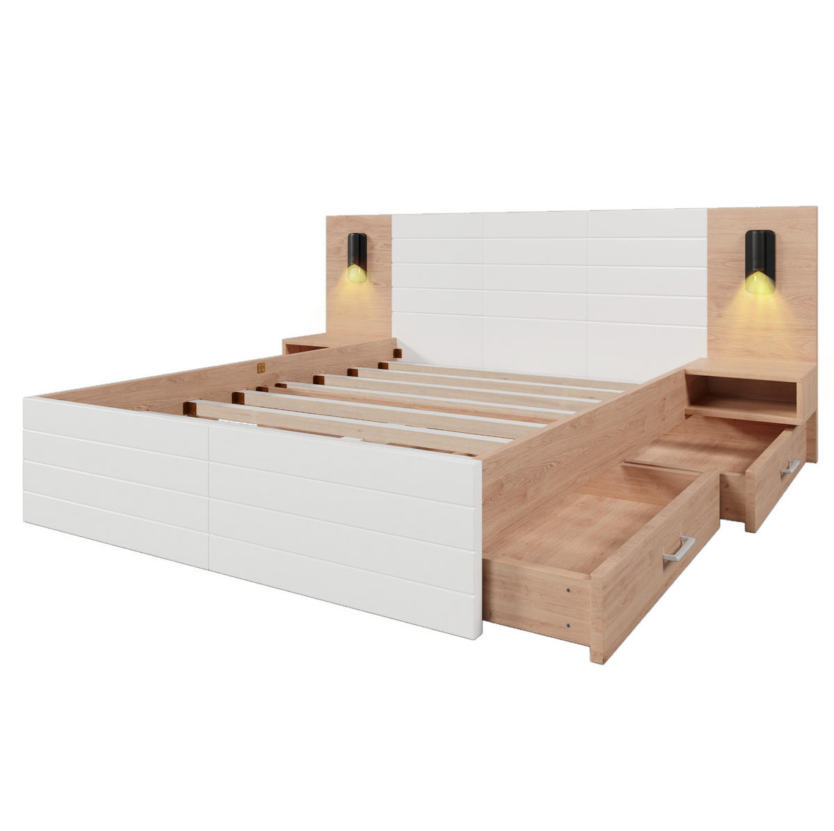 DOPPELBETT 140/200 cm Eiche und Weiß mit Leselicht und USB-Anschluss - Weiß, Holzwerkstoff (140/200cm) - OKWISH