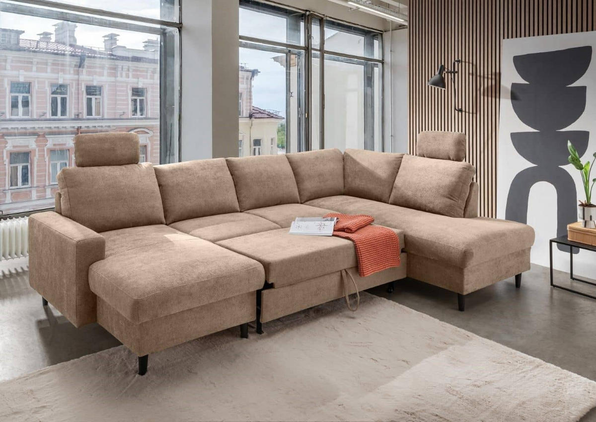 WOHNLANDSCHAFT mit Schlaffunktion und Bettkasten - Hellbraun/Schwarz, Kunststoff/Textil (200/88/305cm) - myHomelando